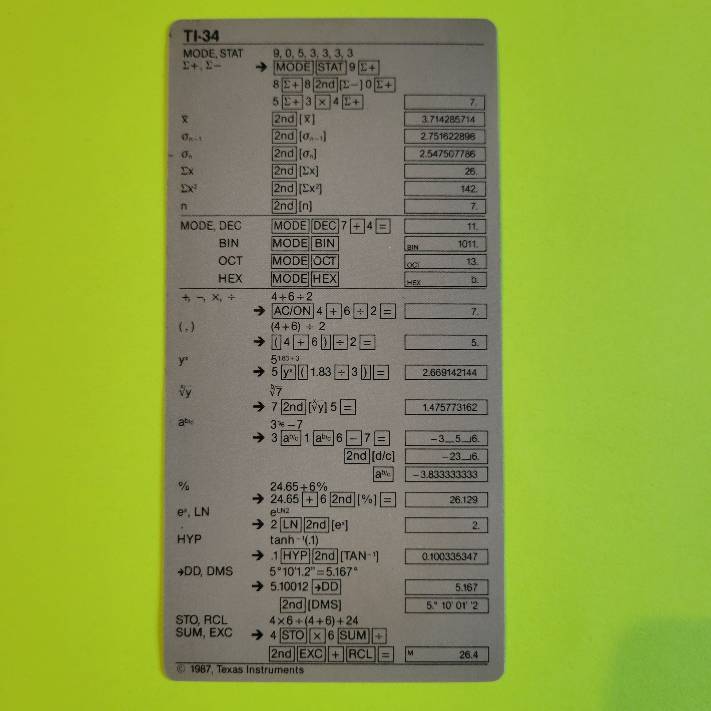 An image of the insert of a texas instruments ti-34 scientific/engineering calculator